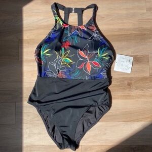 Ecobeach one piece swimsuit high neck black w floral printed swimsuit  L